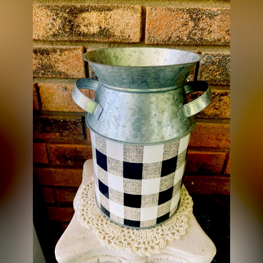 *Black & White Buffalo Check Milk Can, Large 9.25”